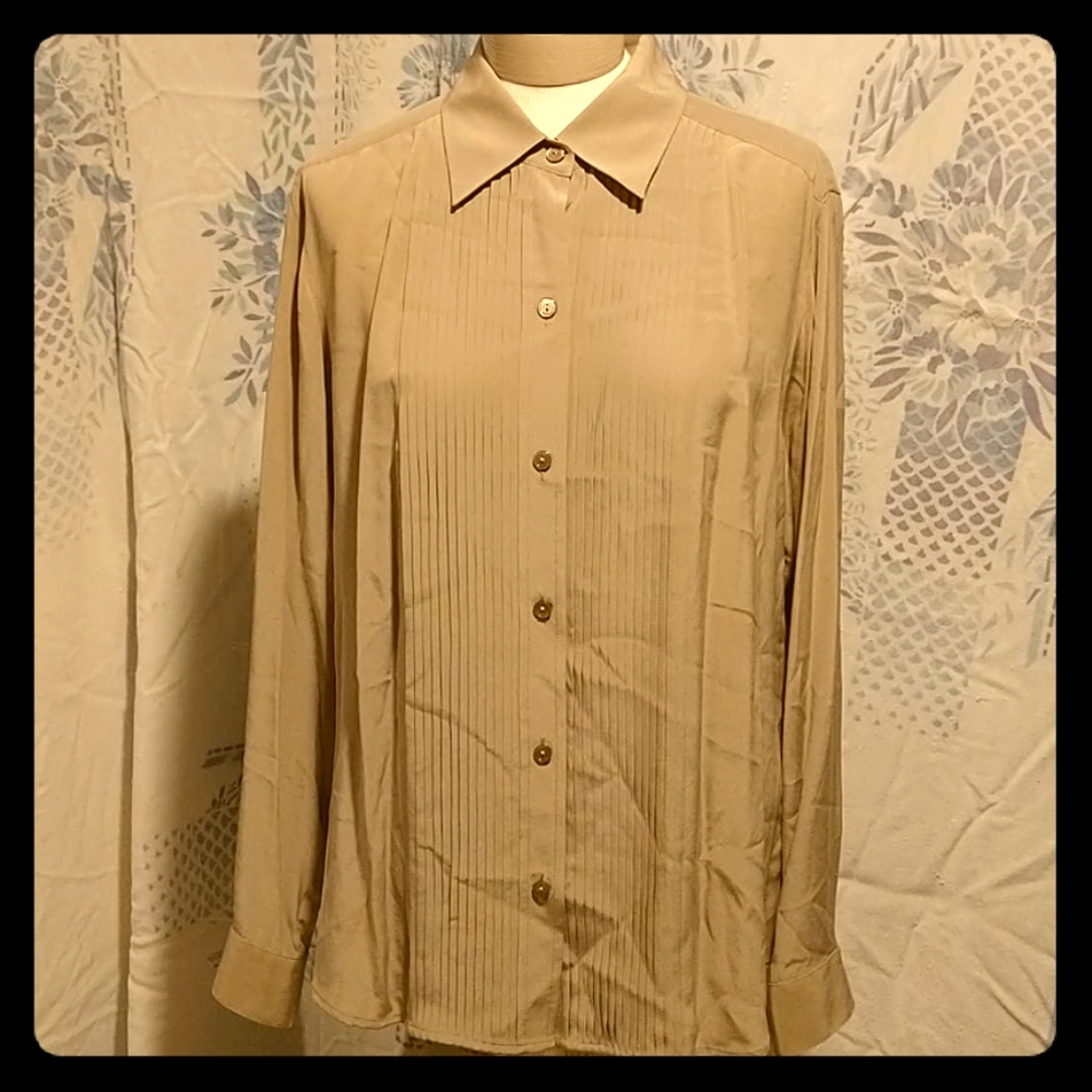 Jones NY Country Silk LS Blouse Taupe Pleated